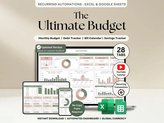 Ultimate Annual Budget Spreadsheet Excel Google Sheets Budget Template Monthly Budget Tracker Financial Planner Bill Tracker Debt Tracker