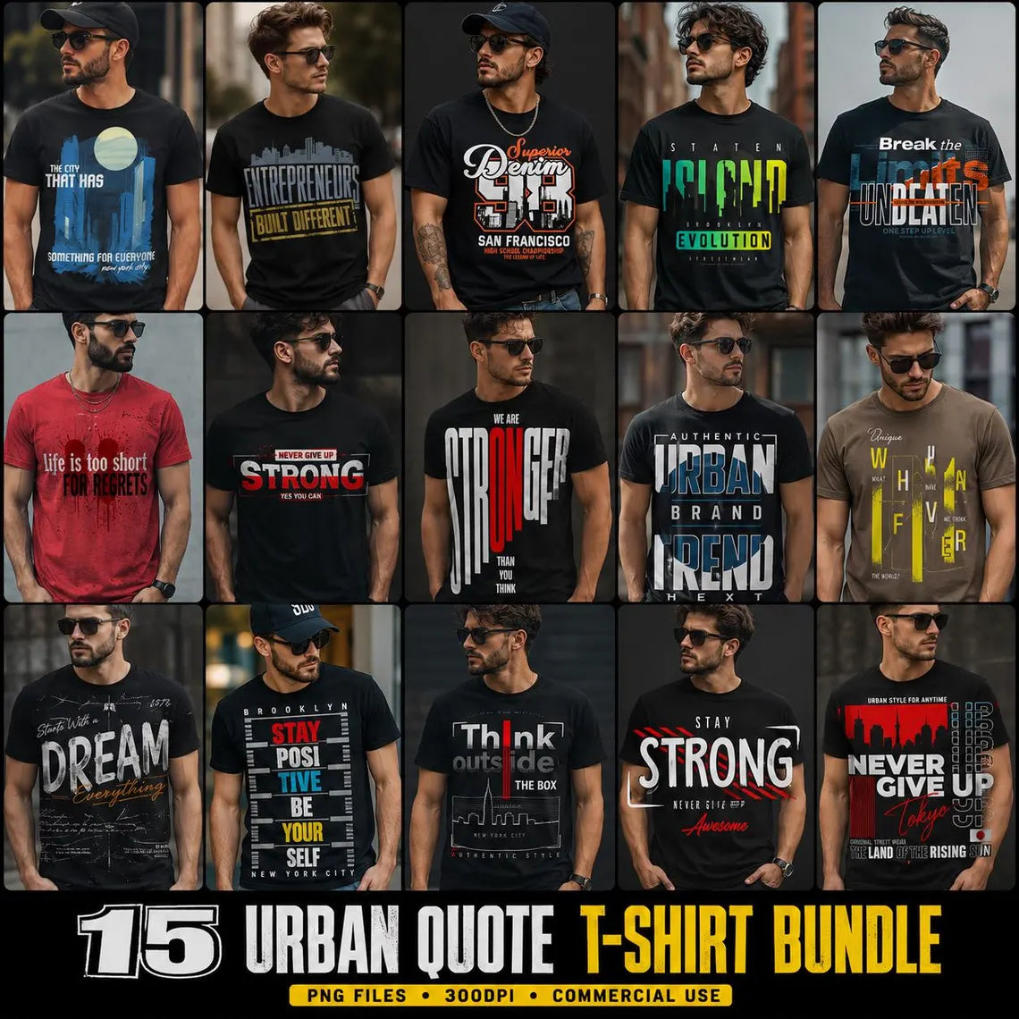 Urban Streetwear Graphic Designs | Motivational Typography PNG Bundle (15+ designs)