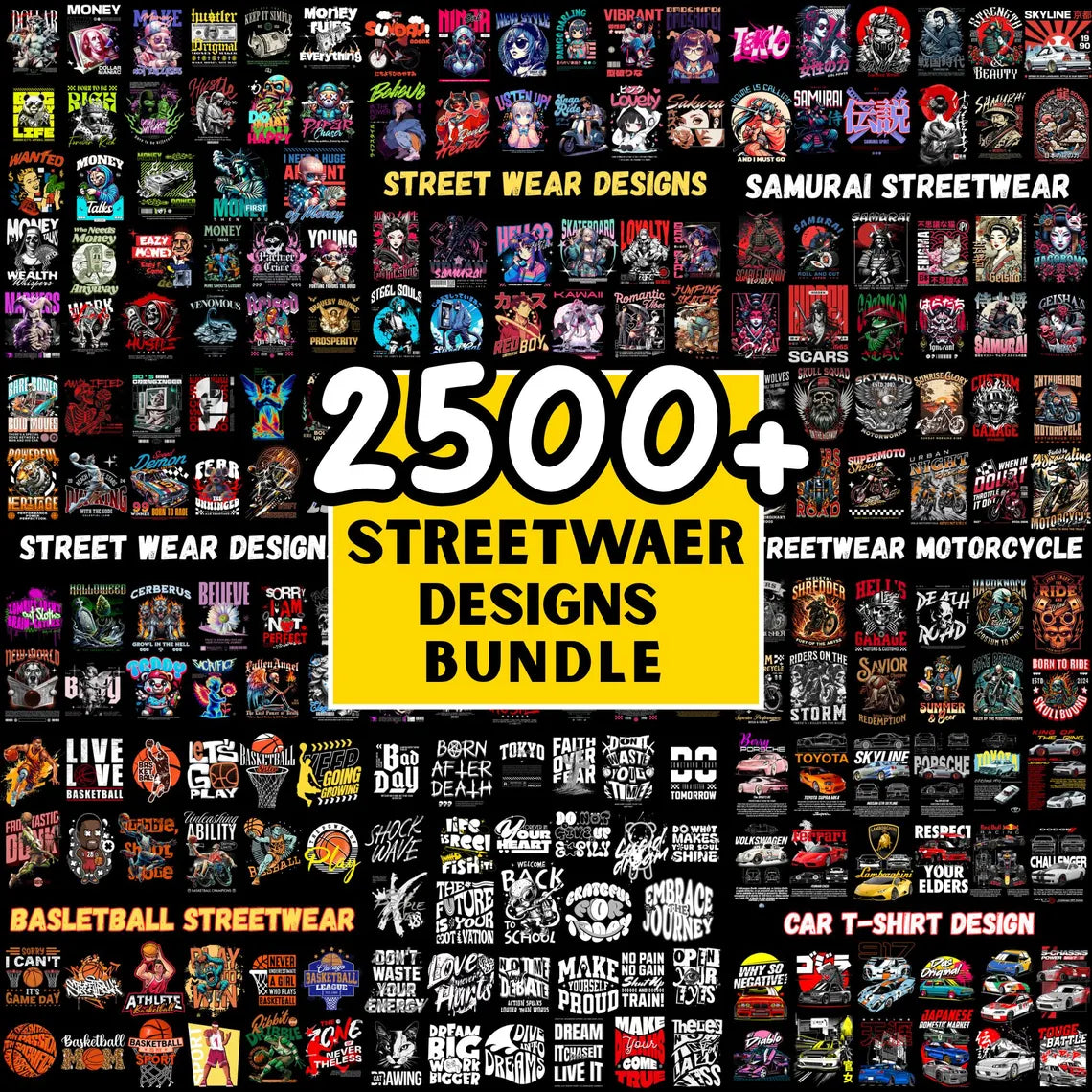 2500+ Streetwear T-Shirt Designs Bundle | Samurai, Anime, Motorcycle, Urban Graphics (Commercial Use PNG)