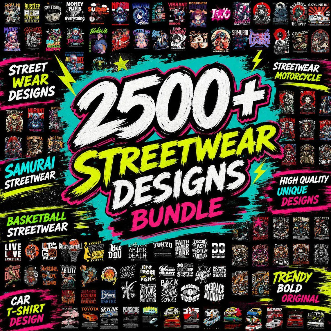 2500+ Streetwear T-Shirt Designs Bundle | Samurai, Anime, Motorcycle, Urban Graphics (Commercial Use PNG)