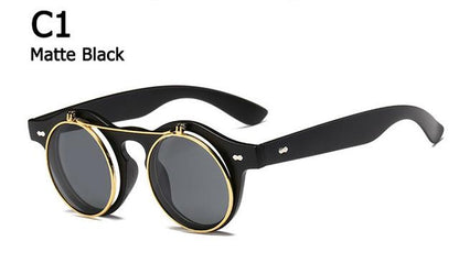 Metal Flip Cover Sunglasses Men Retro Round Steampunk