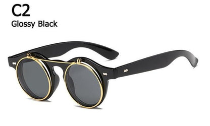 Metal Flip Cover Sunglasses Men Retro Round Steampunk