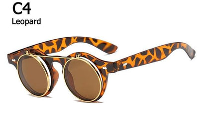 Metal Flip Cover Sunglasses Men Retro Round Steampunk