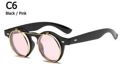 Metal Flip Cover Sunglasses Men Retro Round Steampunk