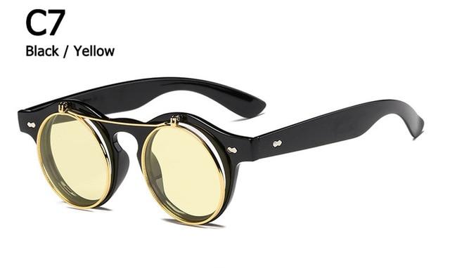 Metal Flip Cover Sunglasses Men Retro Round Steampunk