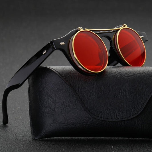 Metal Flip Cover Sunglasses Men Retro Round Steampunk